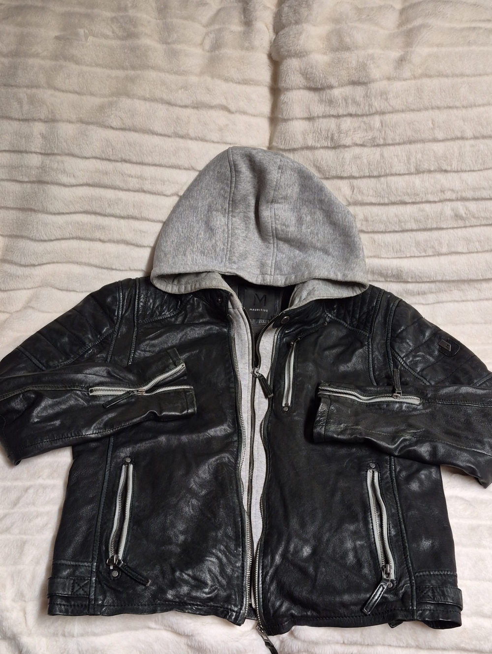Maurius Men's Black Leather Jacket with Gray Hooded Liner